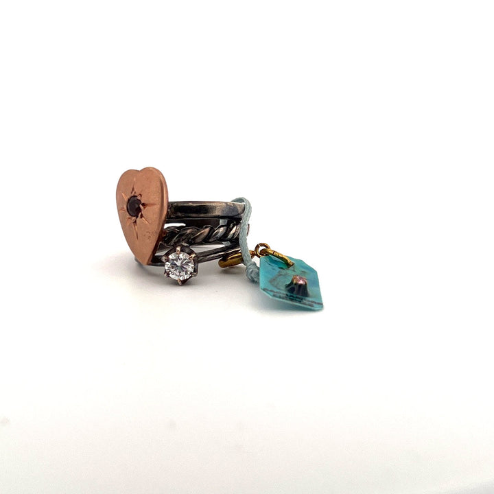 Anello Donna Sacramore Firenze Tris argento brunito con rubino, torchon e solitario-Kaidara Gioielli