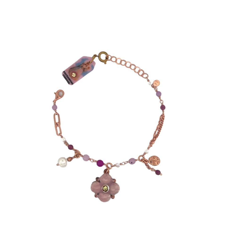 Bracciale in Argento Donna Sacramore Firenze Fiore Rosa, Pietre E Perle-Kaidara Gioielli