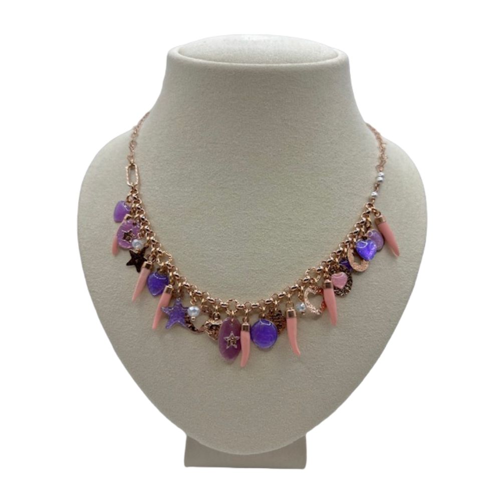 Collana in Argento Donna Sacramore Firenze Corni Rosa e Pendenti-Kaidara Gioielli