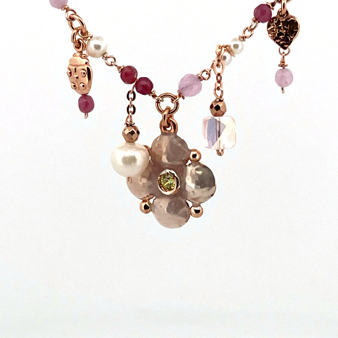 Collana in Argento Donna Sacramore Firenze Fiore Rosa, Pietre E Perle-Kaidara Gioielli