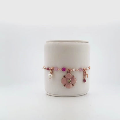 Bracciale in Argento Donna Sacramore Firenze  Fiore Rosa, Pietre E Perle